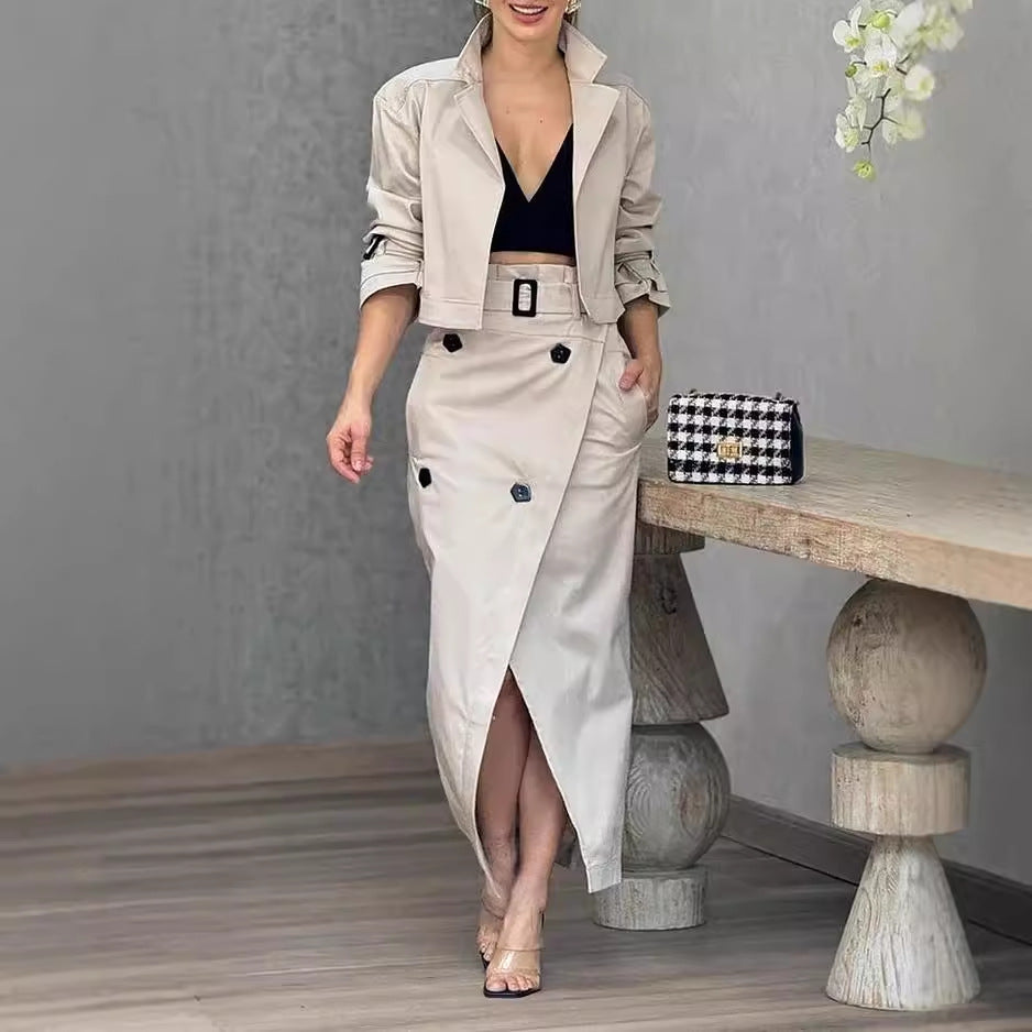 Women's Suit Lapel Patchwork Coat Skirt Two-piece Set Including Belt