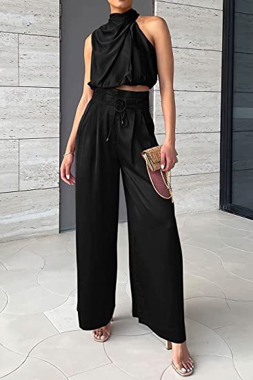 Vestido de mujer  Summer Suits Casual Sleeveless Midriff-baring Top And Wide Leg Pants 2pcs Set Womens Clothing
