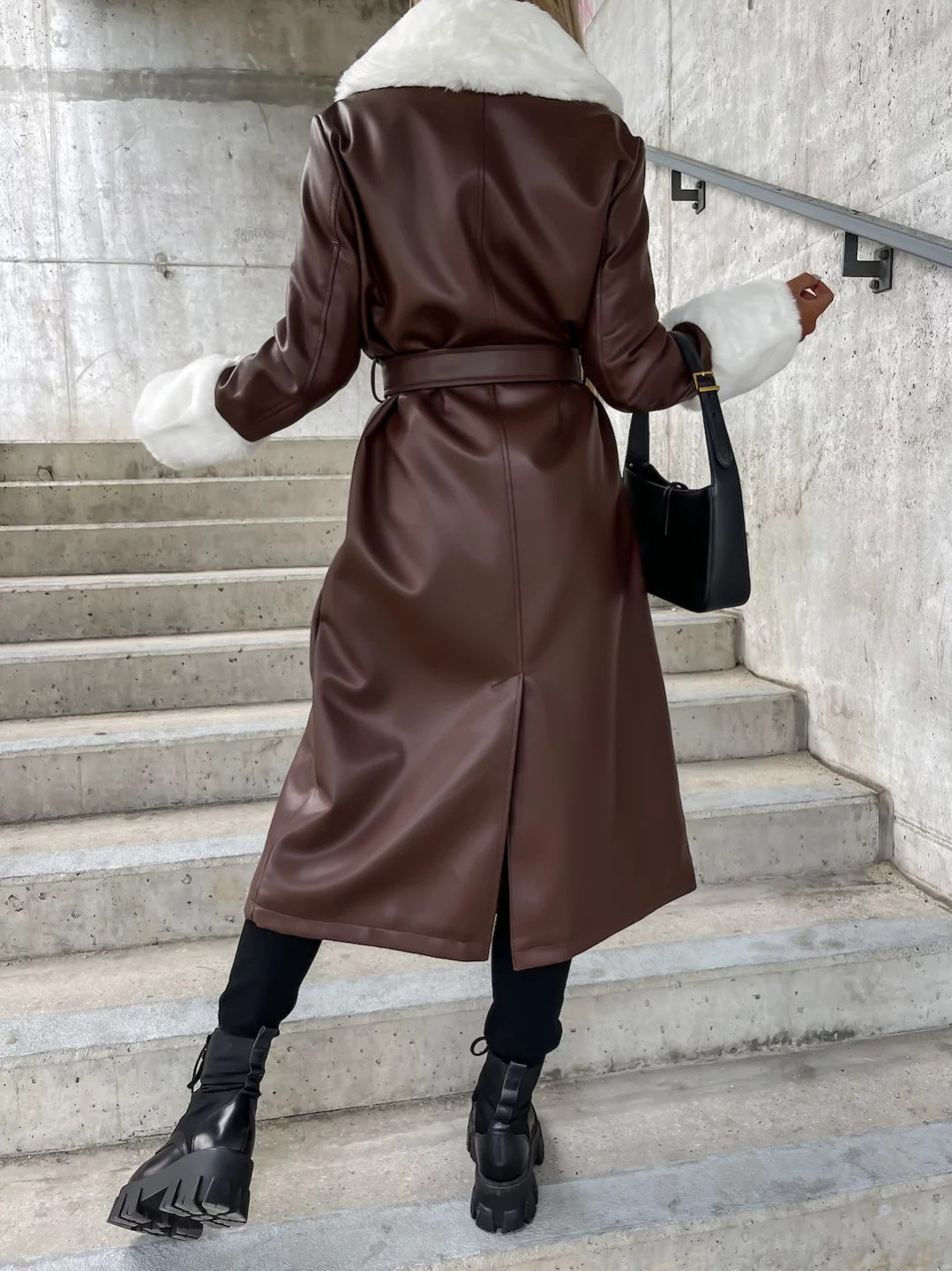 Casual Lace Up Fashion Fur Collar Pocket Loose Leather Coat