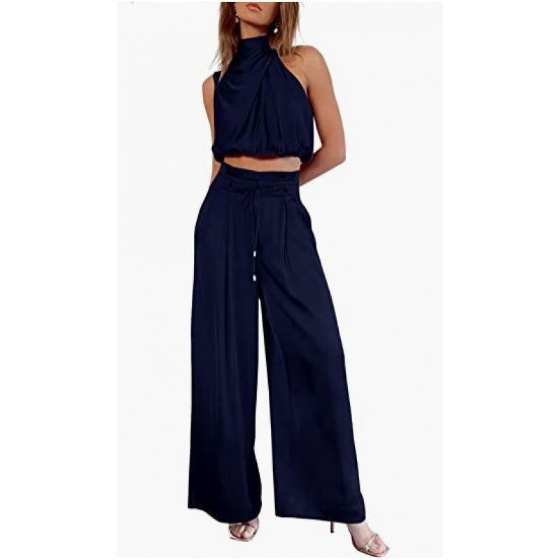 Vestido de mujer  Summer Suits Casual Sleeveless Midriff-baring Top And Wide Leg Pants 2pcs Set Womens Clothing