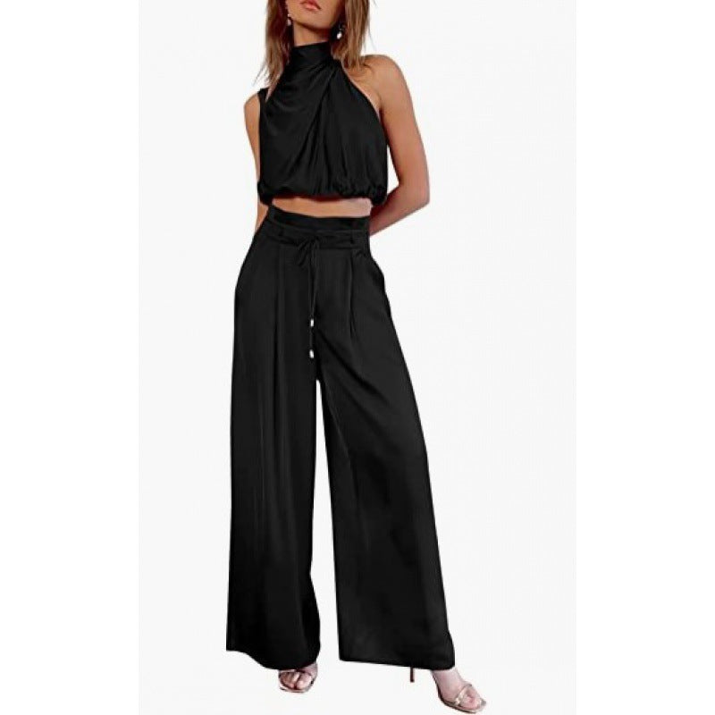 Vestido de mujer  Summer Suits Casual Sleeveless Midriff-baring Top And Wide Leg Pants 2pcs Set Womens Clothing