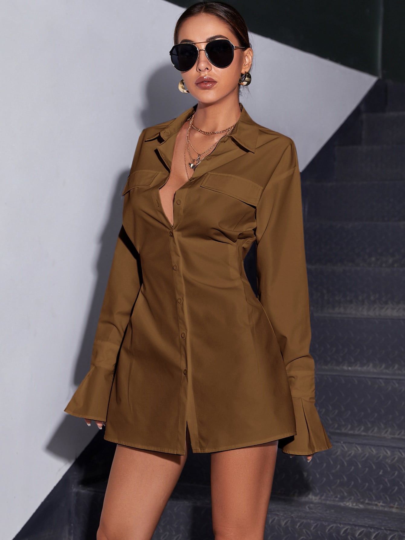 Women's Polyester Flared Sleeve Shirt Dress Mid Length