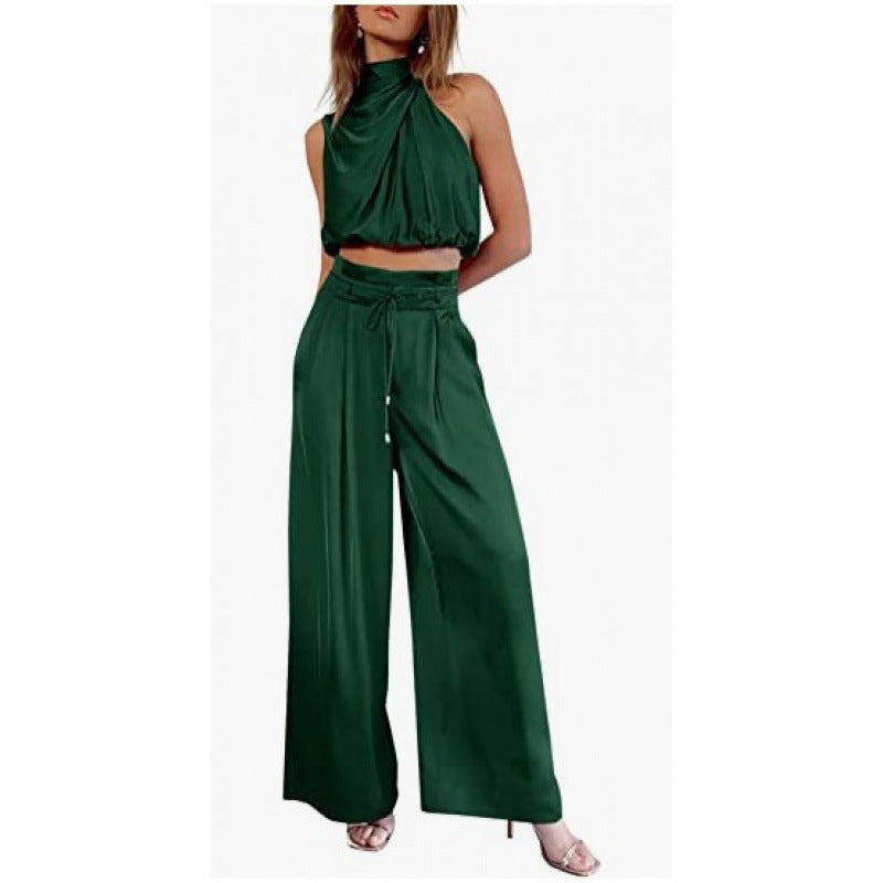 Vestido de mujer  Summer Suits Casual Sleeveless Midriff-baring Top And Wide Leg Pants 2pcs Set Womens Clothing
