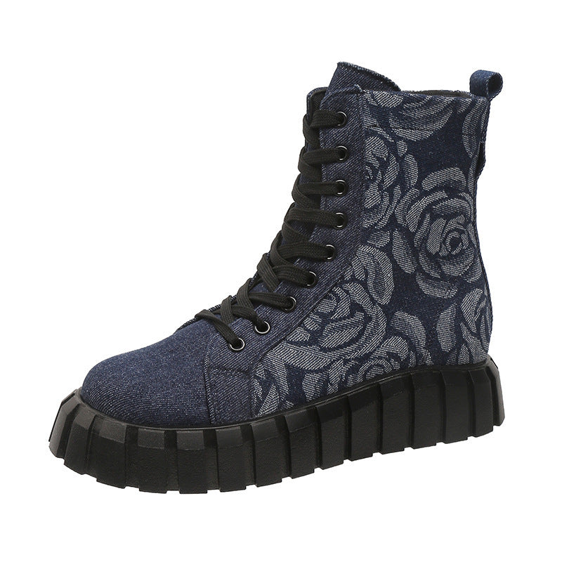 Women's Ankle Boots Floral Rose Pattern Platform Shoes Round Toe Lace-up Casual Boots Winter Flat Short Boot