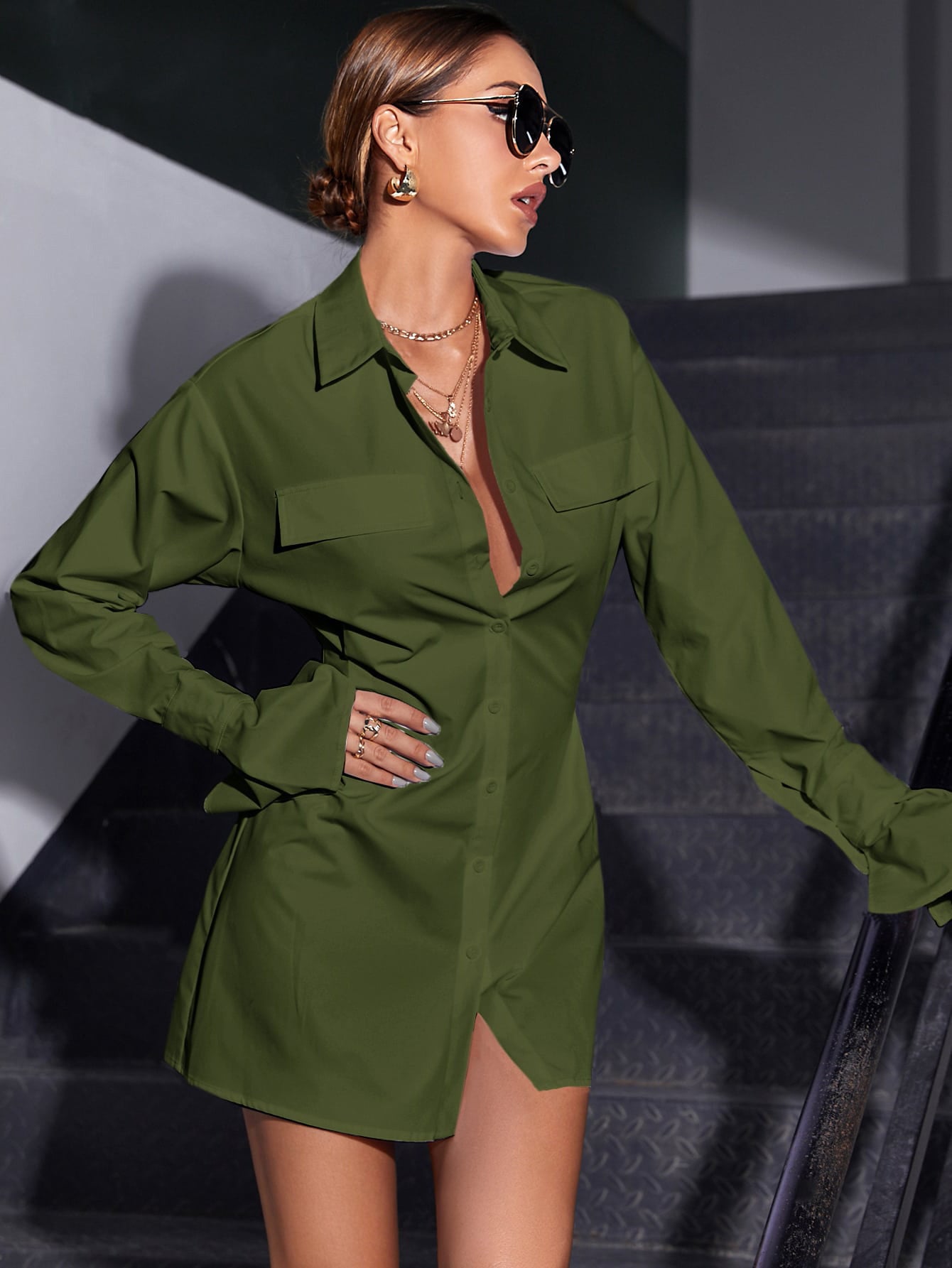 Women's Polyester Flared Sleeve Shirt Dress Mid Length