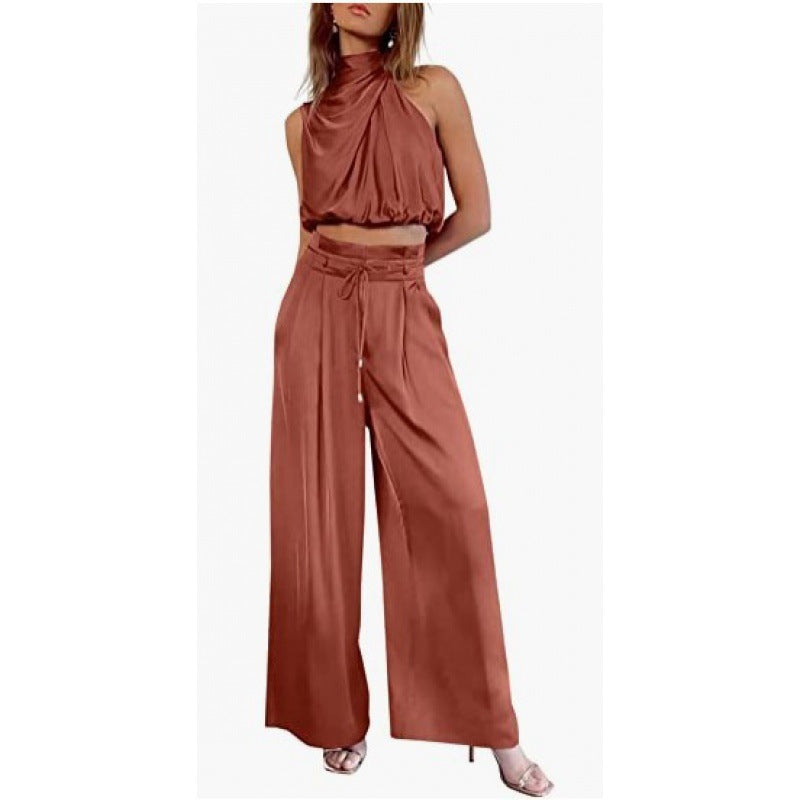 Vestido de mujer  Summer Suits Casual Sleeveless Midriff-baring Top And Wide Leg Pants 2pcs Set Womens Clothing